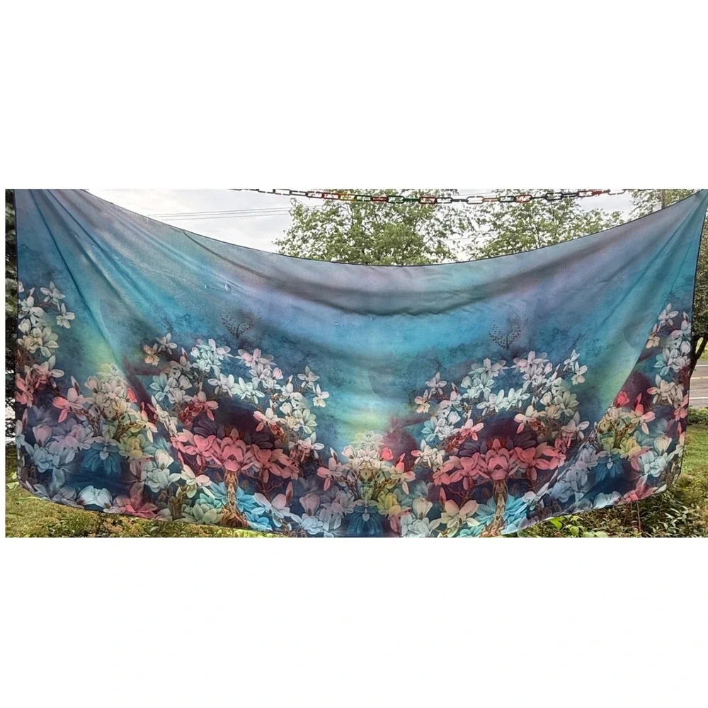 100% Silk Oversized Floral Scarf Wrap 62x28 Reversible Vibrant Botanical